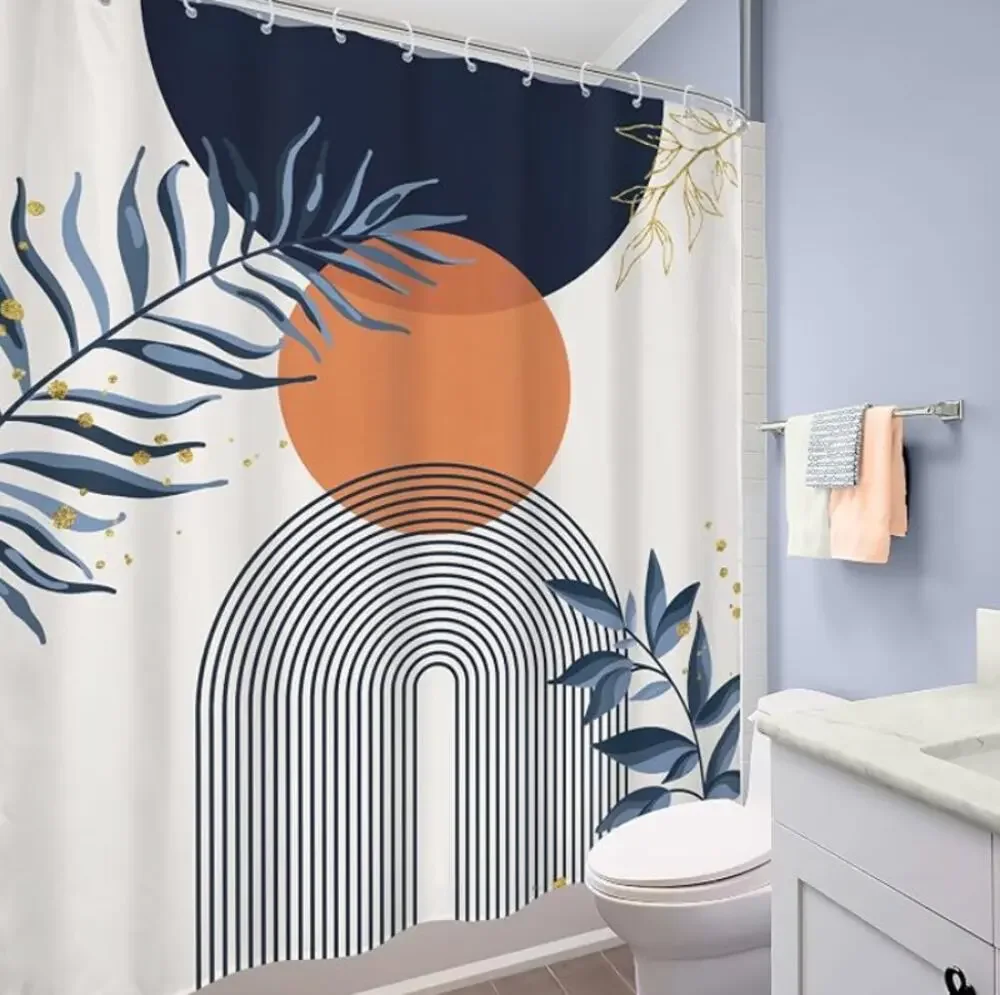Boho Shower Curtain, Bathroom Decor, Modern Abstract Bohemian- Blue Gold